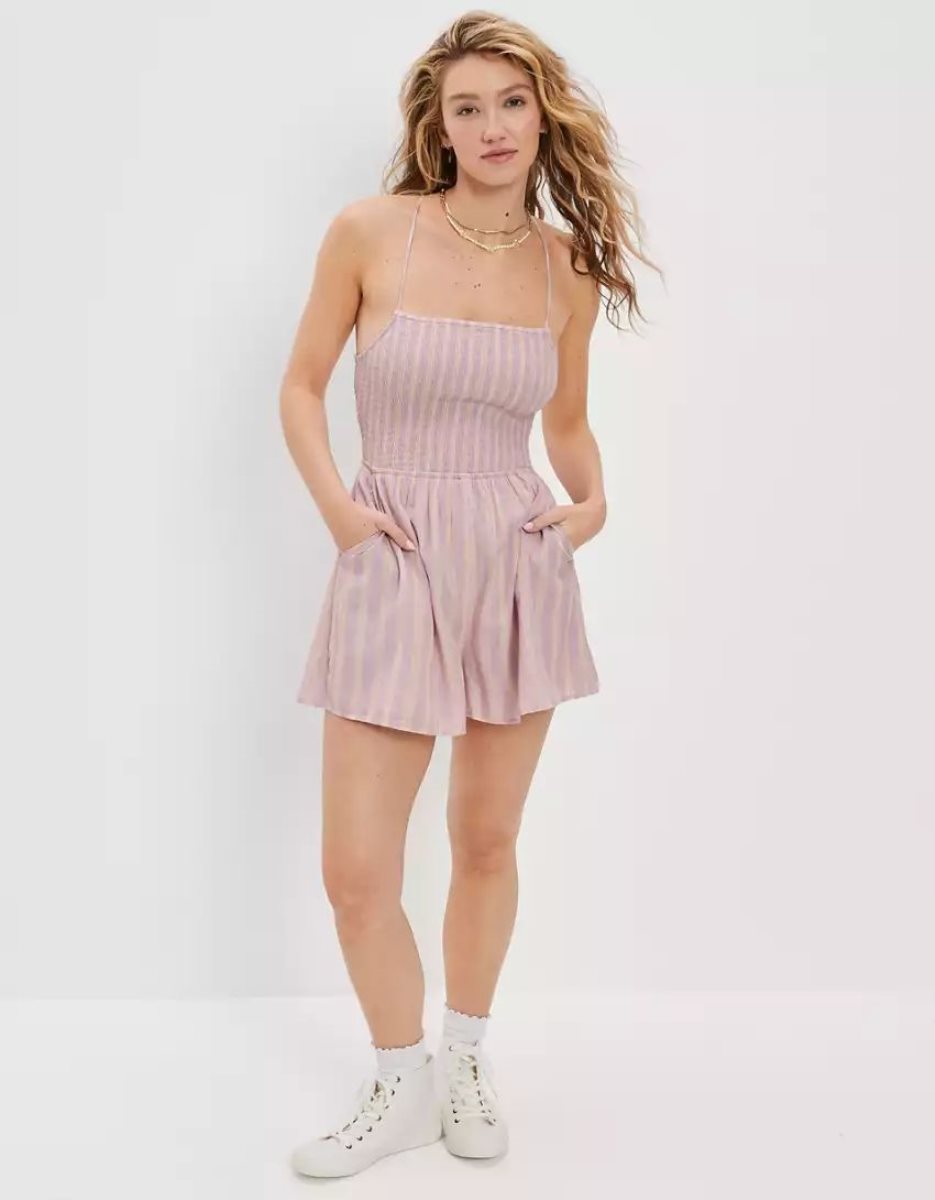 Combinaison American Eagle AE Rayé Smocked Romper Violette Femme | HAB-12899414